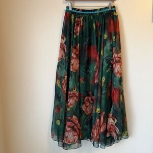 Afibi Womens Forest Fairy Floral Maxi Skirt Size M Green Sheer Festival Ethereal